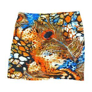 Zoe D. 100% Linen Maximalist Peacock‎ Feather Abstract Design Mini Skirt